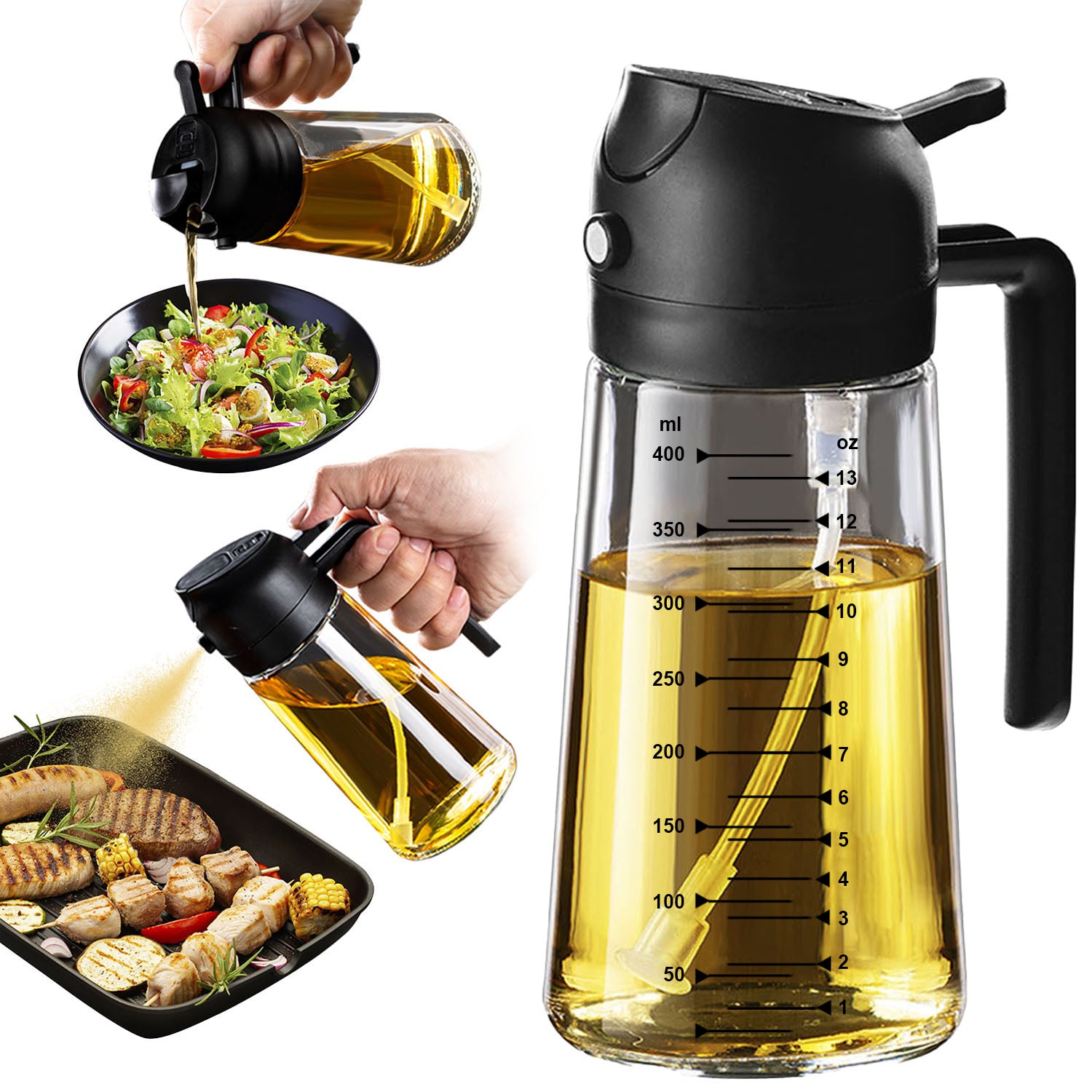 Vaporisateur d'huile d'olive 473 ml (16 oz) – Bouteille en verre avec modes vaporisateur et verseur