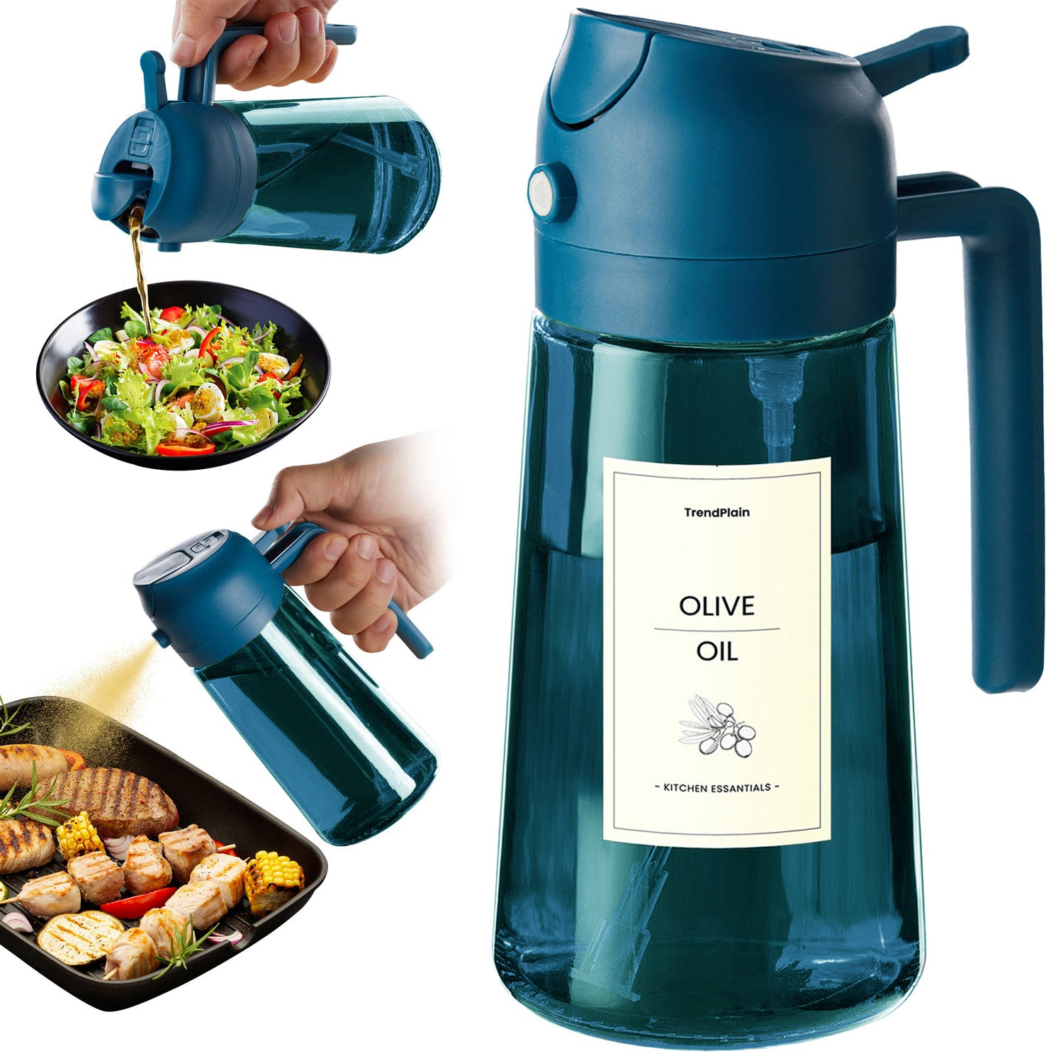 Distributeur d'huile d'olive 2 en 1 en verre bleu de 473 ml (16 oz).